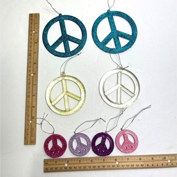 Set Of 8 Glittered Peace Sign Ornaments In Teal Gold Silver Pink & Purple 8s - Picture 2 of 3